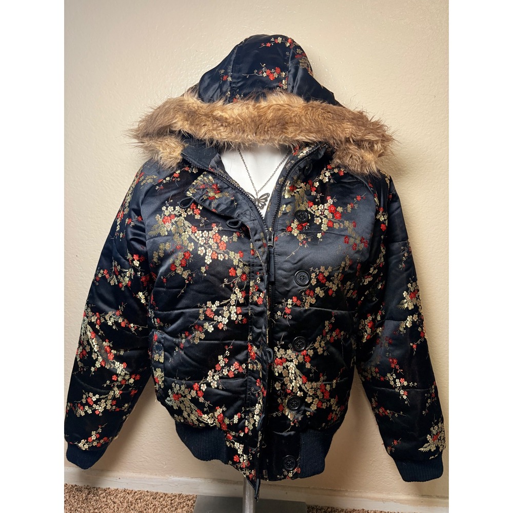 Y2K Vintage Old Navy Floral Cherry Blossom Puffer Jacket Faux Fur Hood XXL